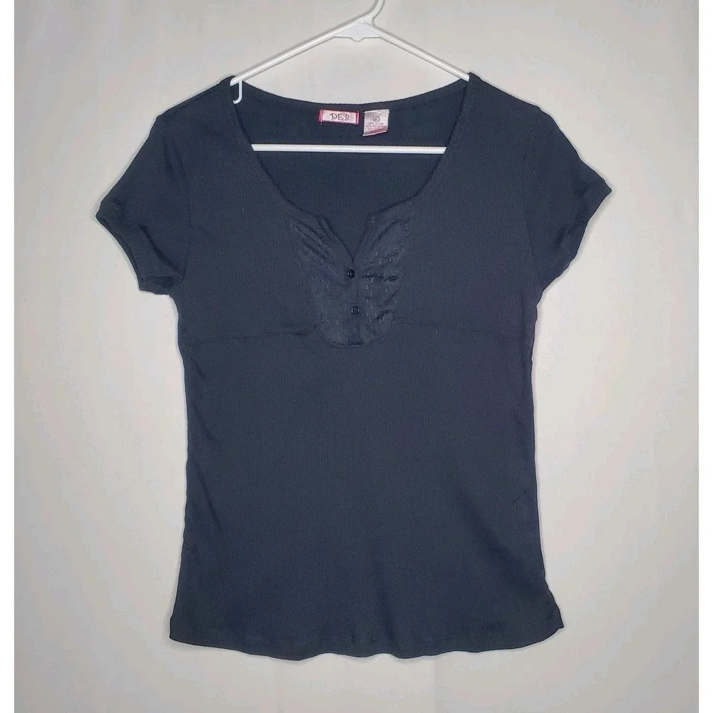 Deb‎ Vtg Ribbed Lace Babydoll Top Women Large Black Button 90s Y2K Grunge Fairy